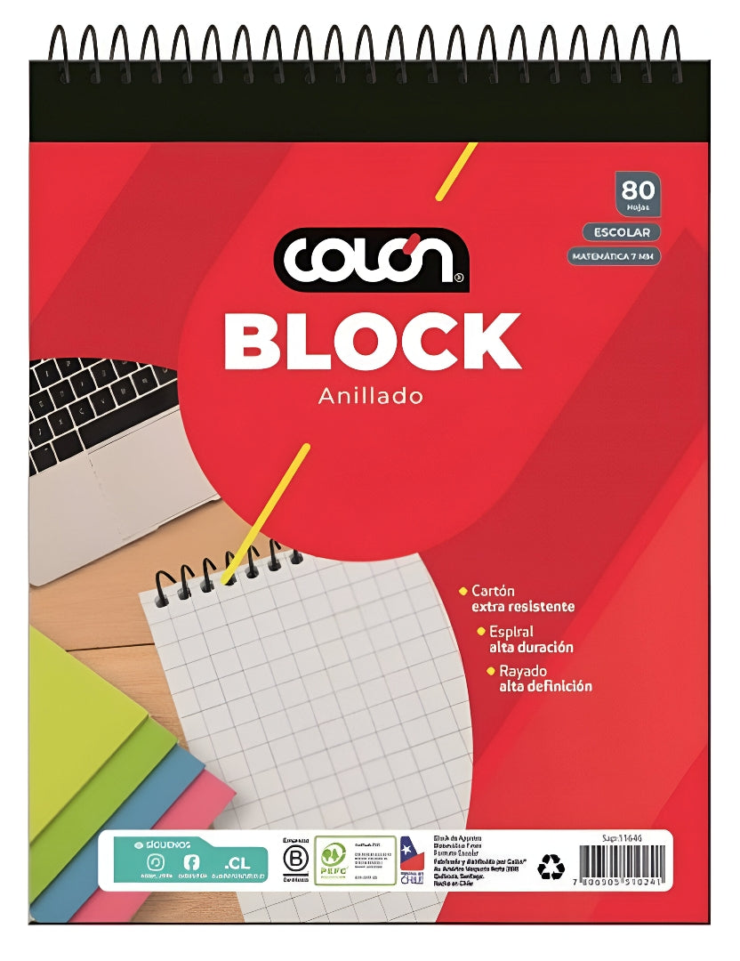 Block Anillado Escolar con Espiral 7 Mm 80 Hojas